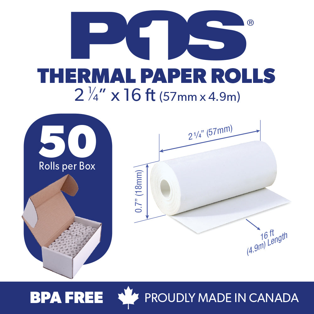 Thermal Paper 2 1/4 x 16 ft x 18mm CORELESS BPA Free fits Pidion BIP-1500 and Poynt 50 rolls
