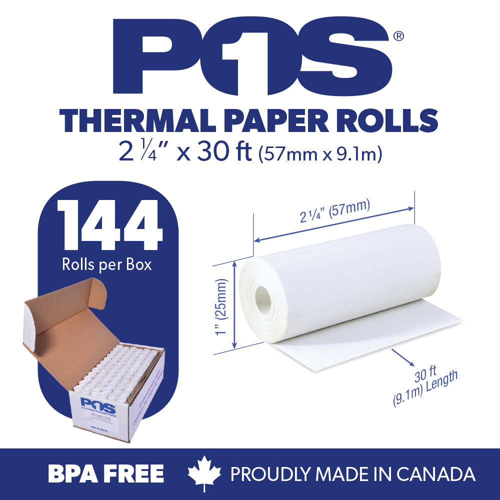POS1 Thermal Paper 2 1/4 x 30 ft x 25mm CORELESS BPA Free 144 rolls