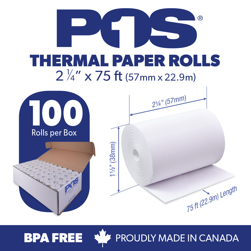 Thermal Paper 2 1/4 x 75 ft x 38mm CORELESS BPA Free 100 rolls