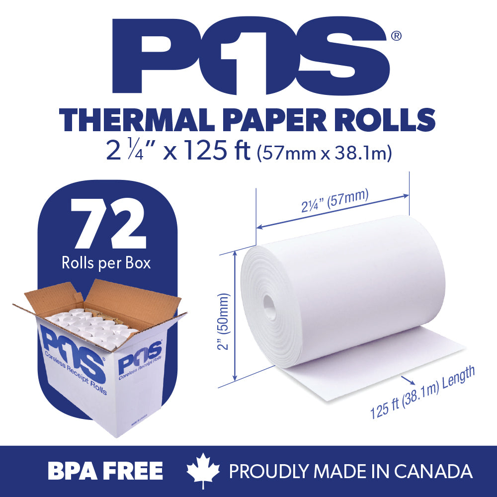 POS1 Thermal Paper 2 1/4 x 125 ft x 50mm CORELESS BPA Free 72 rolls