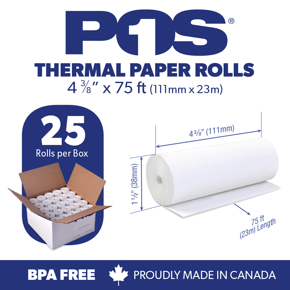 POS1 Thermal Paper 4 3/8 x 75 ft x 38mm CORELESS BPA Free 25 rolls